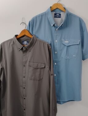2 AFTCO Technical Vented Fishing Shirts SS Blue Sirius Tech & LS Gray Palomar L